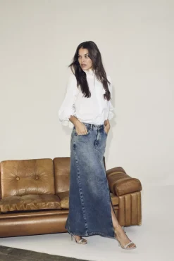 CO' COUTURE Darin Long Slit Skirt Denim Blue